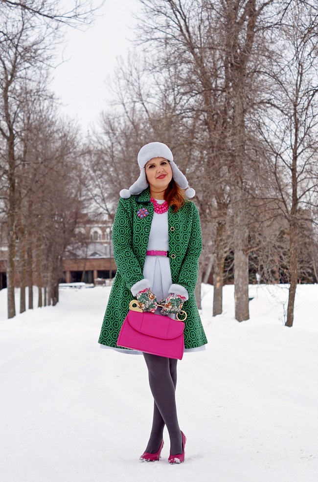 Winnipeg Style, Puffin Hats Toronto Basic mouton fur Russian pavlopossadsky wool shawl scarf, mittens vintage rose print pattern, Tabbisocks thigh high heart back socks, Isaac Mizrahi Live green coat jacket, RW & co Elle collection ice blue dress, Bodhi safety pin clutch bag pink leather, Fluevog Eleanor shoes